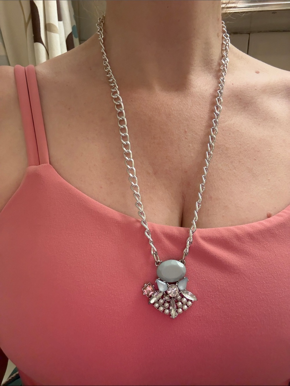 Hand-Crafted Silver-Tone Statement Necklace with Pink and Blue Accents